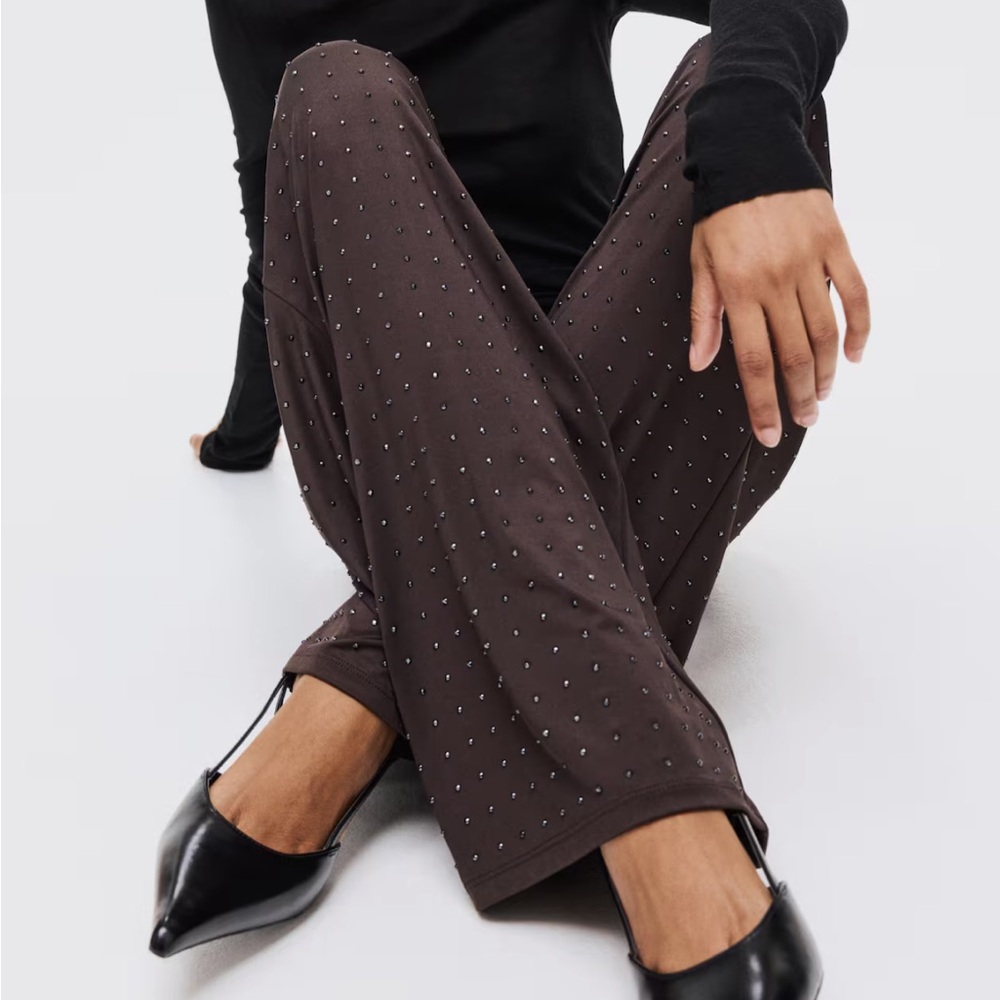 H&M Women’s Brown Embellished Rhinestone Crystal Wide-Leg Pants